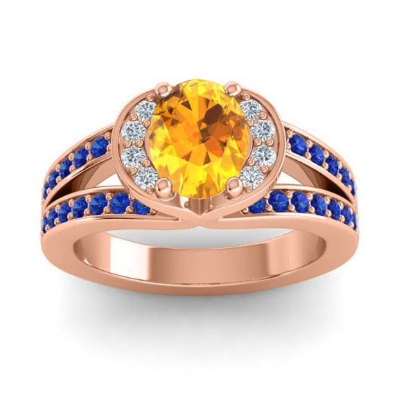 Diamond-Capitals 2.35 Carat Oval Cut Citrine & Blue Sapphire Gemstone Sparkle Wedding Ring for her Solid 18K Rose Gold Size 9.5