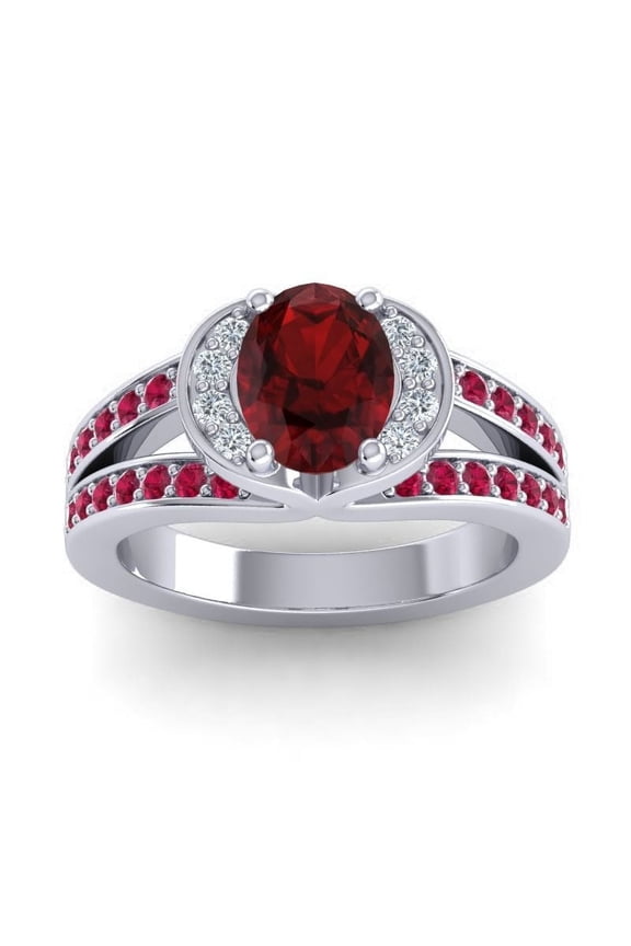 2.35 Carat Oval Cut Garnet & Red Ruby Gemstone Fancy Proposal Ring for her Solid 18K White Gold Size 7.5