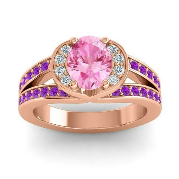 Diamond-Capitals 2.35 Carat Oval Cut Pink Sapphire & Amethyst Gemstone Luxurious Engagement Ring for Ladies Solid 18K Rose Gold Size 5.5