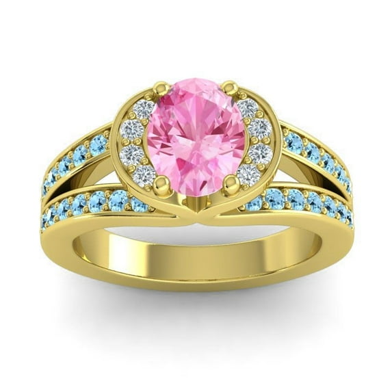 Diamond-Capitals 2.35 Carat Oval Cut Pink Sapphire & Aquamarine Gemstone Luxurious Engagement Ring for her Solid 14K Yellow Gold Size 5