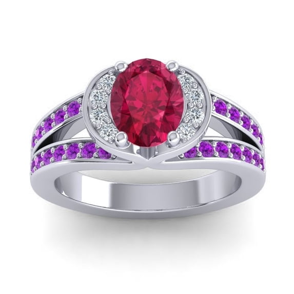 Diamond-Capitals 2.35 Carat Oval Cut Red Ruby & Amethyst Gemstone Beautiful Wedding Ring for Women Solid 18K White Gold Size 9.5