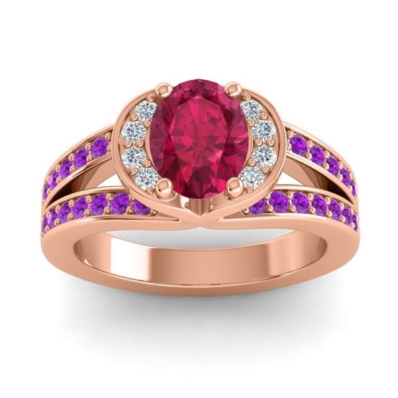 Diamond-Capitals 2.35 Carat Oval Cut Red Ruby & Amethyst Gemstone New Proposal Ring for her Solid 18K Rose Gold Size 7.5