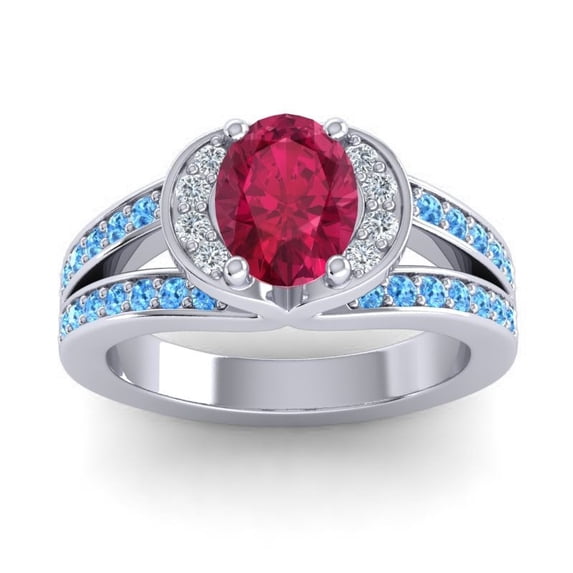 Diamond-Capitals 2.35 Carat Oval Cut Red Ruby & Blue Topaz Gemstone Unique Engagement Ring for her Solid 18K White Gold Size 10