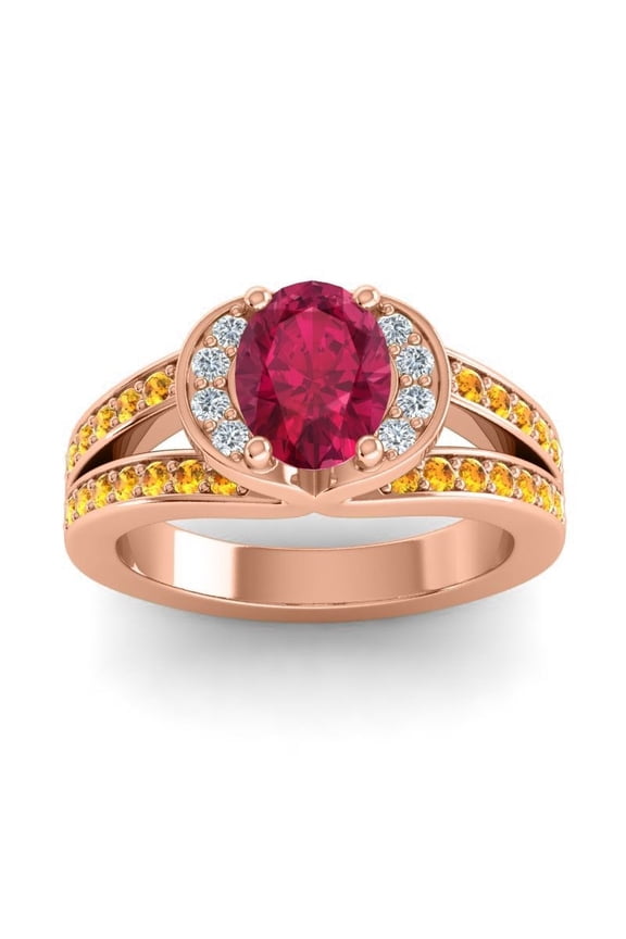 2.35 Carat Oval Cut Red Ruby & Citrine Gemstone Sparkle Wedding Ring for her Solid 18K Rose Gold Size 9.5