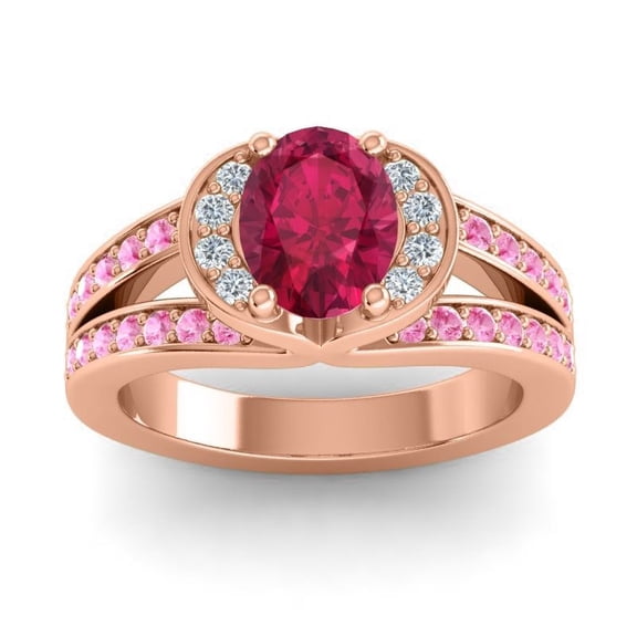 Diamond-Capitals 2.35 Carat Oval Cut Red Ruby & Pink Sapphire Gemstone Luxurious Wedding Ring for Ladies in Solid 18K Rose Gold Size 7