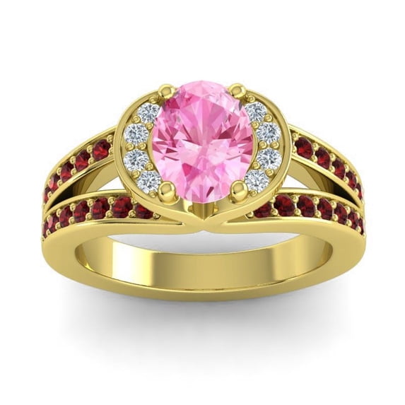 Diamond-Capitals 2.35 Carat Shiny Oval Cut Pink Sapphire & Garnet Gemstone Wedding Ring for Fiancee 18K Yellow Gold Size 4