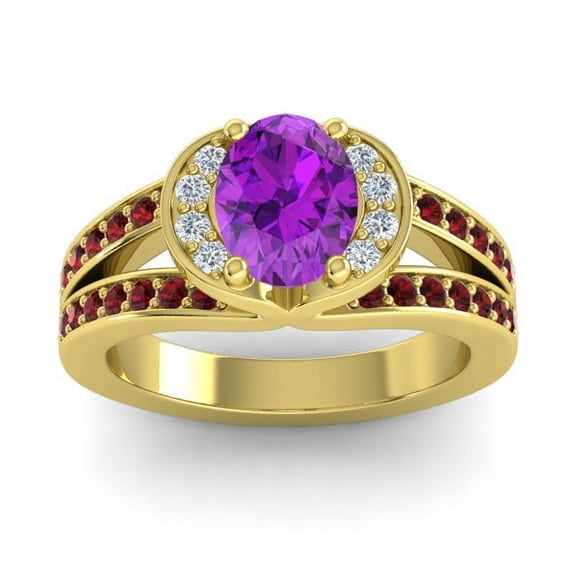 Diamond-Capitals 2.35 Carat Sparkle Oval Cut Amethyst & Garnet Gemstone Proposal Ring for Ladies Solid 14K Yellow Gold Size 8.5