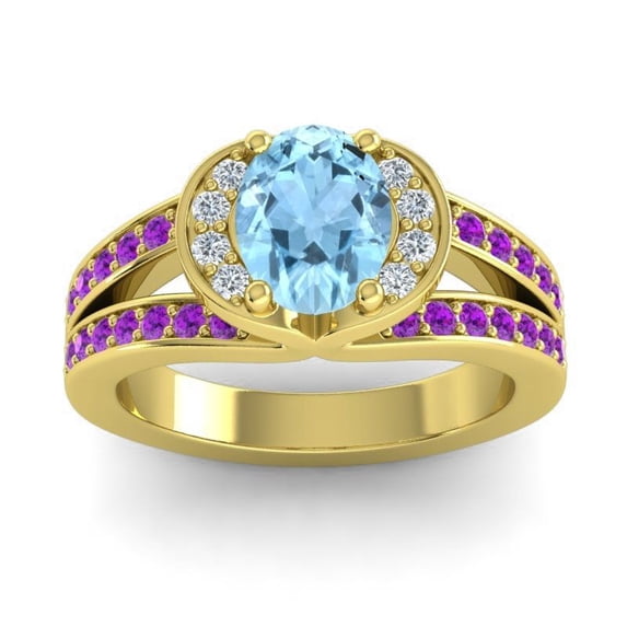 Diamond-Capitals 2.35 Carat Stunning Oval Cut Aquamarine & Amethyst Gemstone Proposal Ring for Women Solid 14K Yellow Gold Size 8.5
