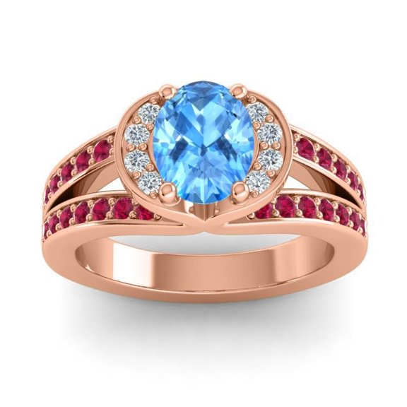 Diamond-Capitals 2.35 Carat Unique Oval Cut Blue Topaz & Red Ruby Gemstone Wedding Ring for Fiancee 18K Rose Gold Size 4