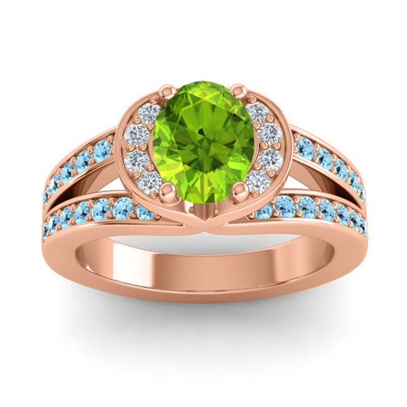 Diamond-Capitals 2.35 Carat Wonderful Oval Cut Peridot & Aquamarine Gemstone Bridal Ring for Women 14K Rose Gold Size 6