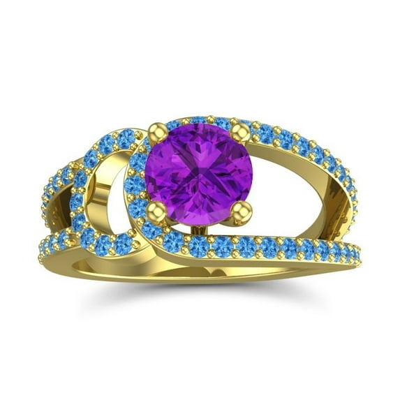 Diamond-Capitals 2.50 Carat Elegant Round Cut Amethyst & Blue Topaz Gemstone Engagement Ring for Women Solid 18K Yellow Gold Size 10