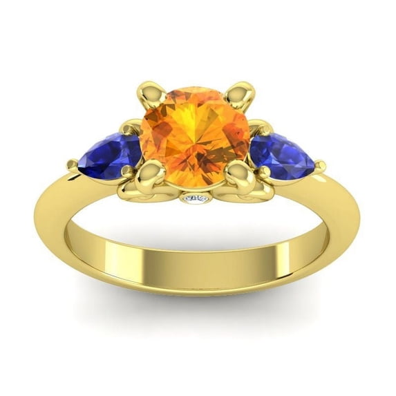 Diamond-Capitals 2.50 Carat Elegant Round Cut Citrine & Blue Sapphire Gemstone Three Stone Ring for Anniversary Gift 18K Yellow Gold Size 10