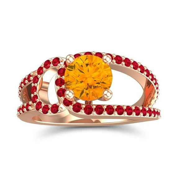 Diamond-Capitals 2.50 Carat Elegant Round Cut Citrine & Red Ruby Gemstone Proposal Ring for Ladies Solid 18K Rose Gold Size 7.5