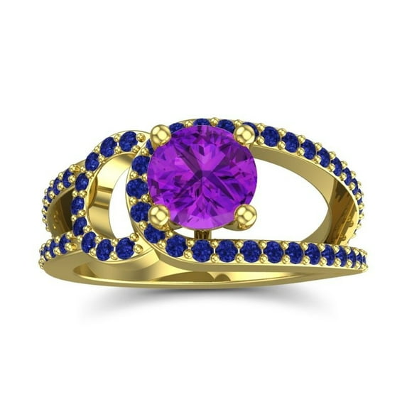 Diamond-Capitals 2.50 Carat Round Cut Amethyst & Blue Sapphire Gemstone Fancy Engagement Ring for Girls 14K Yellow Gold Size 6