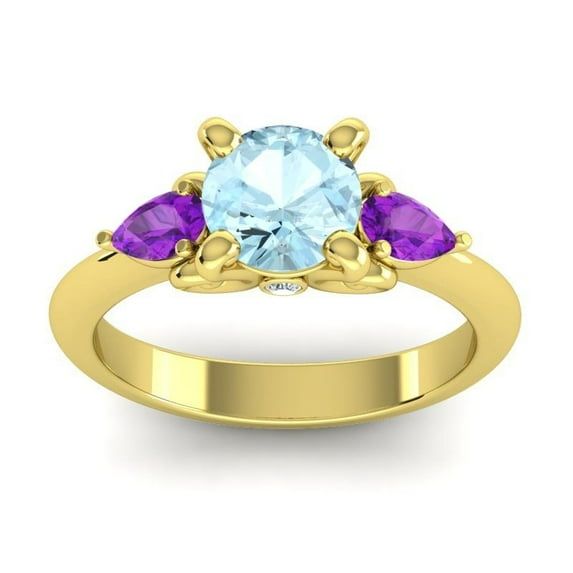 Diamond-Capitals 2.50 Carat Round Cut Aquamarine & Amethyst Gemstone Beautiful 3 Stone Wedding Ring for Ladies Solid 14K Yellow Gold Size 3