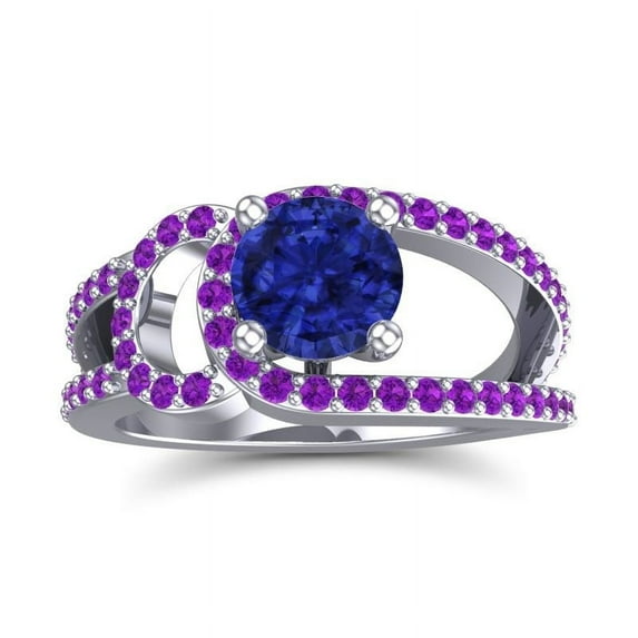 Diamond-Capitals 2.50 Carat Round Cut Blue Sapphire & Amethyst Gemstone Beautiful Engagement Ring for Ladies in Solid 18K White Gold Size 7