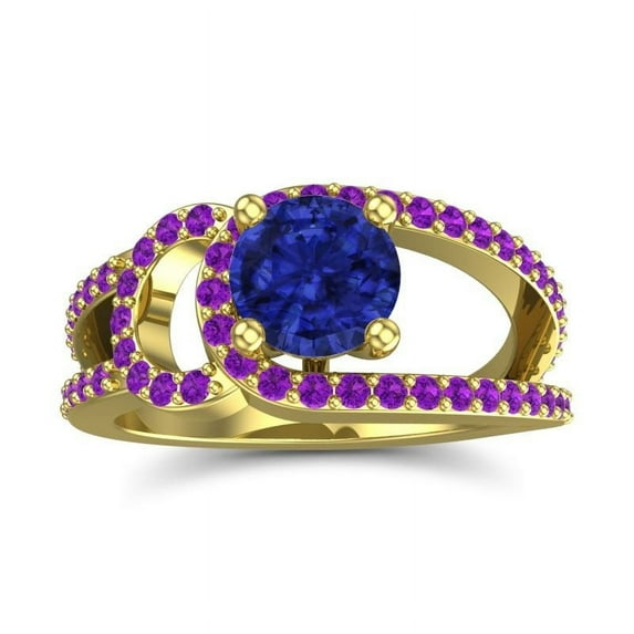 Diamond-Capitals 2.50 Carat Round Cut Blue Sapphire & Amethyst Gemstone Shiny Wedding Ring for her Solid 14K Yellow Gold Size 4