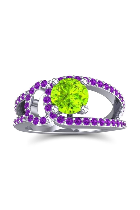 2.50 Carat Round Cut Peridot & Amethyst Gemstone Elegant Wedding Ring for Women Solid 18K White Gold Size 10
