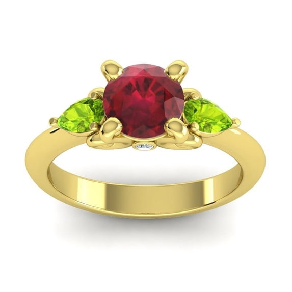 Diamond-Capitals 2.50 Carat Round Cut Red Ruby & Peridot Gemstone Unique 3 Stone Bridal Ring for Ladies Solid 14K Yellow Gold Size 3