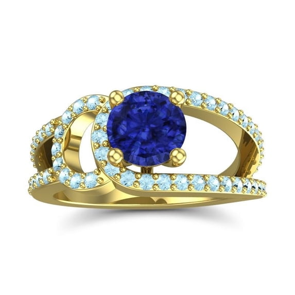 Diamond-Capitals 2.50 Carat Round Shape Blue Sapphire & Aquamarine Gemstone Luxurious Wedding Ring for Women Solid 18K Yellow Gold Size 9.5
