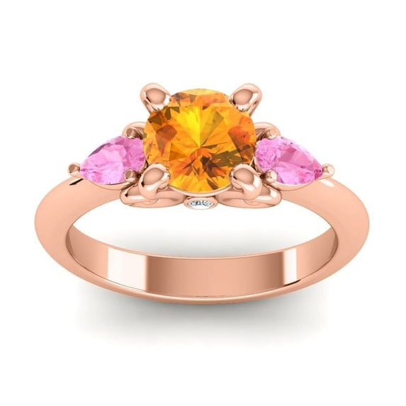 Diamond-Capitals 2.50 Carat Round Shape Citrine & Pink Sapphire Gemstone Luxurious Three Stone Engagement Ring for her Solid 18K Rose Gold Size 9.5