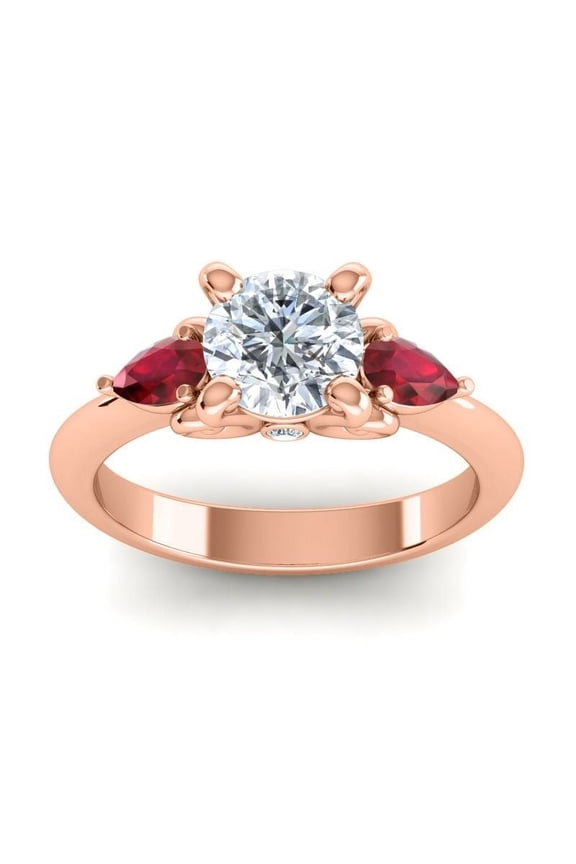 2.50 Carat Round Shape Natural Diamond Red Ruby Gemstone Luxurious Three Stone Proposal Ring for Women Solid 18K Rose Gold Size 9.5