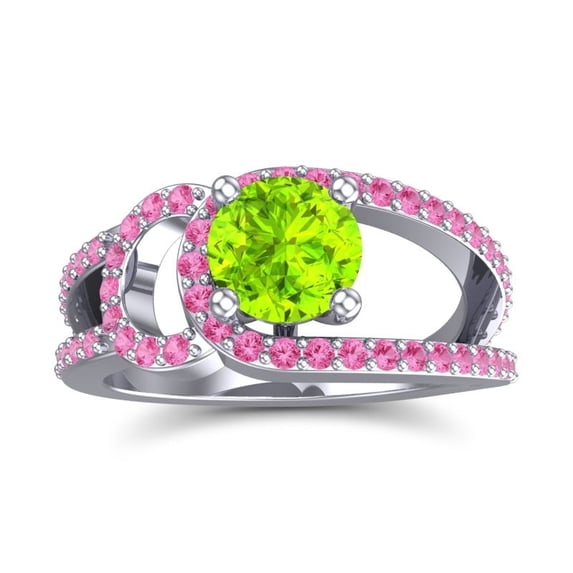 Diamond-Capitals 2.50 Carat Round Shape Peridot & Pink Sapphire Gemstone Luxurious Bridal Ring for Women Solid 18K White Gold Size 9.5