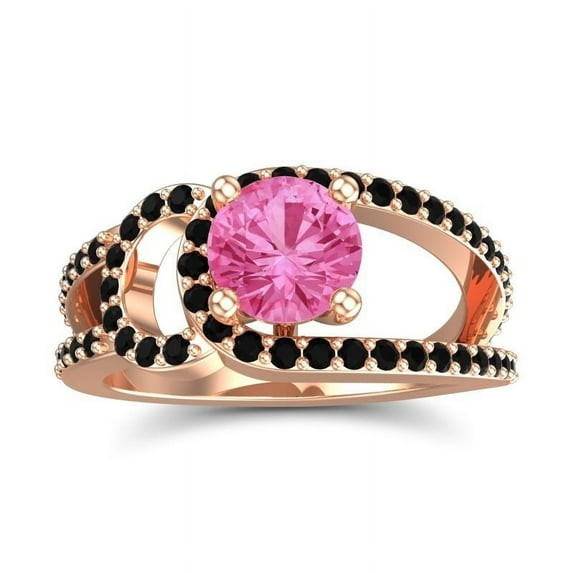 Diamond-Capitals 2.50 Carat Round Shape Pink Sapphire & Black Onyx Gemstone Luxurious Bridal Ring for Ladies Solid 18K Rose Gold Size 9.5