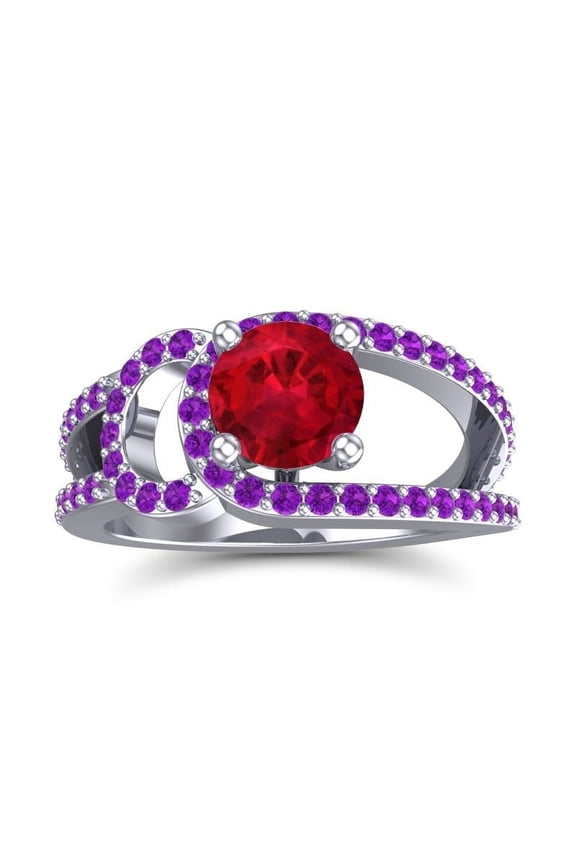2.50 Carat Round Shape Red Ruby & Amethyst Gemstone Lovely Engagement Ring for Fiancee 14K White Gold Size 8