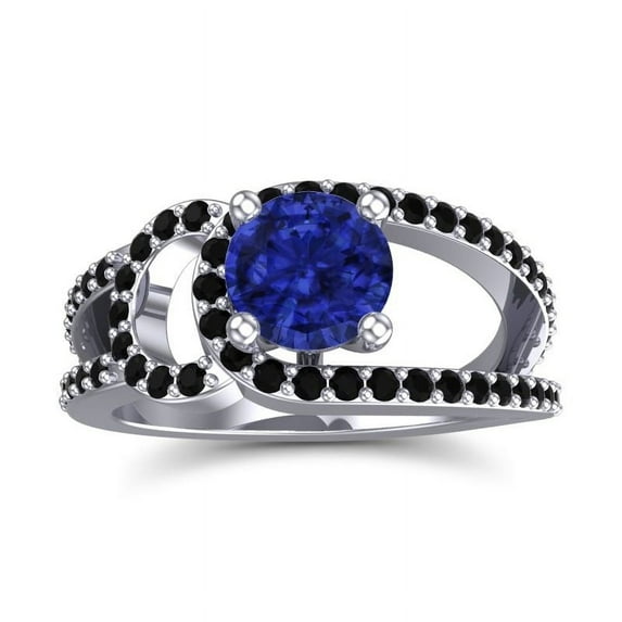 Diamond-Capitals 2.50 Carat Unique Round Cut Blue Sapphire & Black Onyx Gemstone Anniversary Ring for Women 14K White Gold Size 6