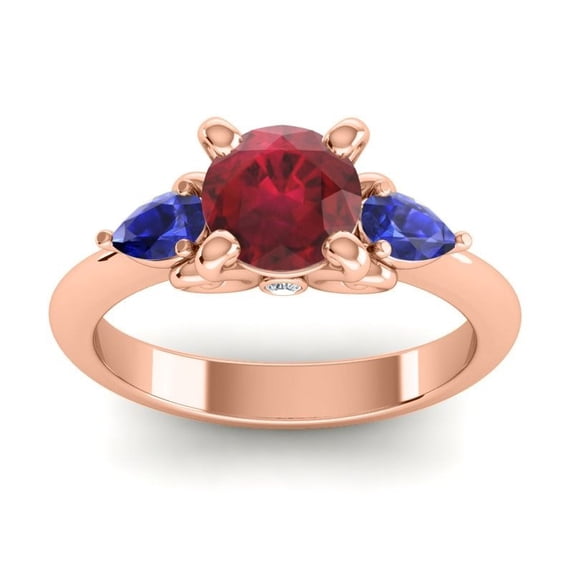 Diamond-Capitals 2.50 Carat Unique Round Cut Red Ruby & Blue Sapphire Gemstone Three Stone Bridal Ring for Women Solid 14K Rose Gold Size 5