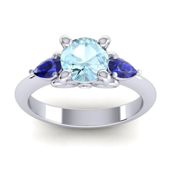 Diamond-Capitals 2.50 Ct Beautiful Round Cut Aquamarine & Blue Sapphire Gemstone Three Stone Anniversary Ring for Ladies Solid 14K White Gold Size 3