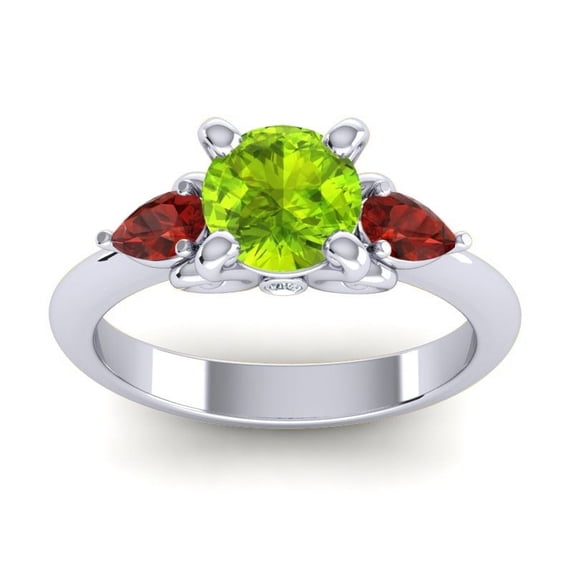 Diamond-Capitals 2.50 Ct Beautiful Round Cut Peridot & Garnet Gemstone Three Stone Anniversary Ring for Ladies Solid 14K White Gold Size 3