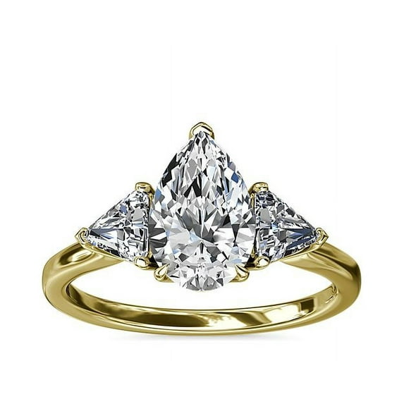 Diamond-Capitals 2.50 Ct Fine Pear Cut Moissanite 3 Stone Ring for Anniversary Gift Solid 14K Yellow Gold Size 11.5