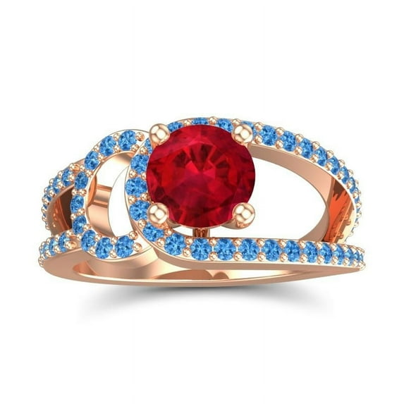 Diamond-Capitals 2.50 Ct Round Cut Red Ruby & Blue Topaz Gemstone Luxurious Womens Ring for Engagement and Wedding in Solid 18K Rose Gold Size 7