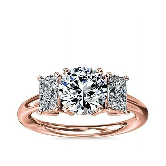Diamond-Capitals 2.70 Carat Lovely Round Cut Moissanite 3 Stone Bridal Ring for Wedding Solid 18K Rose Gold Size 7.5