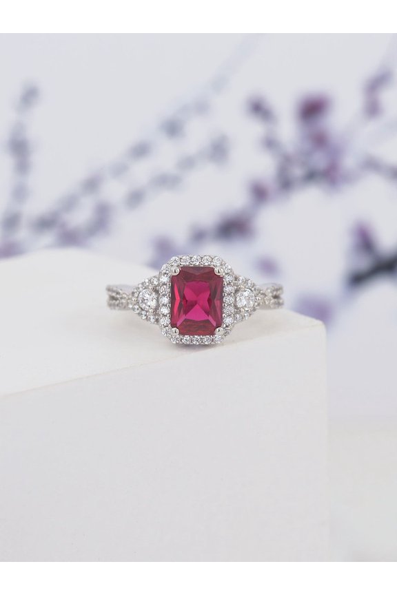 3.00 Carat Sparkle Emerald Cut Red Ruby with Natural Diamond Proposal Ring for Women Solid 14K White Gold Size 8.5