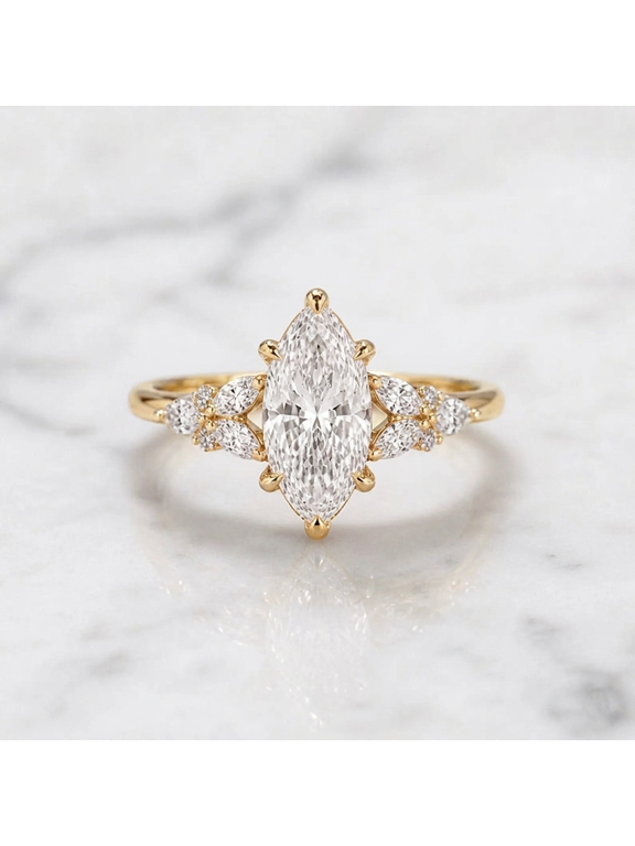 3.00 tcw Unique Marquise Shape IGI Certified Lab Grown Diamond Solitaire with Accents Engagement Ring for Fiancee Solid 18K Yellow Gold Size 10