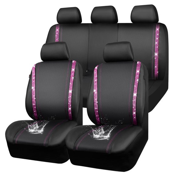 Diamond Car Seat Covers Full Set,Shining Rhinestone Waterproof Faux Leather,Rear with Zipper,Universal Fit Automotive Glitter Crystal Sparkle Strips for Women,