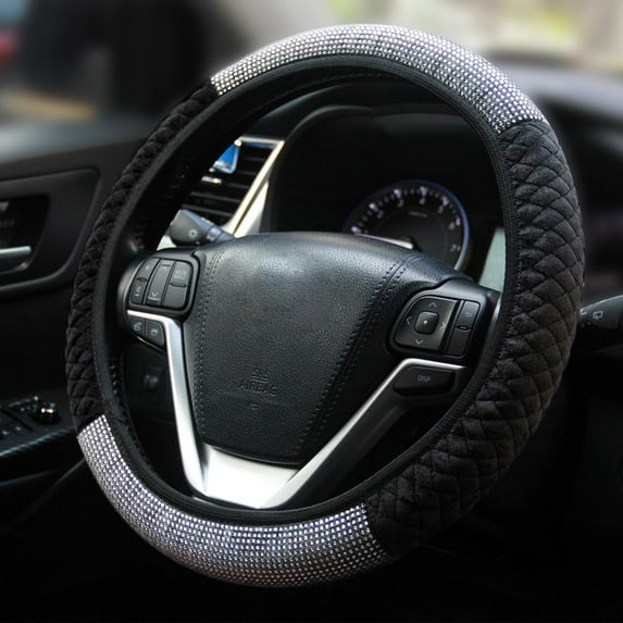 Diamond Car Steering Wheel Cover,Crystal Rhinestone Steering Cover Universal Fit 15 inch Car Steering Wheel Protector for Women & Girl (Silver Black)