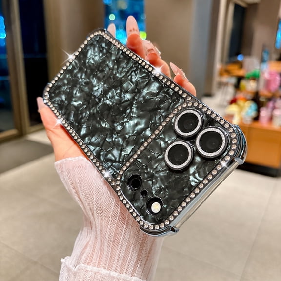 Diamond Case For iPhone 18 Pro Max, Sparkling Crystal Glitter Pearl Shell Marble Texture Luxury Bling Rhinestone Protective Cover Slim Stylish Shiny Shockproof Electroplated Shell,Black