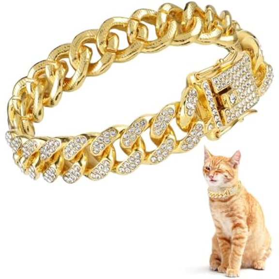 Diamond Cat Chain Collar, Metal Cuban Link Dog Collar with Secure Buckle Cat Pet Necklace Chain Pet Collar Jewelry Accessories for Small Medium Dogs Cats Puppy Kittens (Gold, 10 inch)