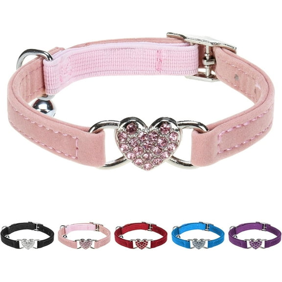 Diamond Cat Collar,Adjustable Soft Velvet Leather Safe Kitten Collar with Crystal Heart Charm and Bells,Girl Boy Bling Stylish Cat Collars with Safety Elastic