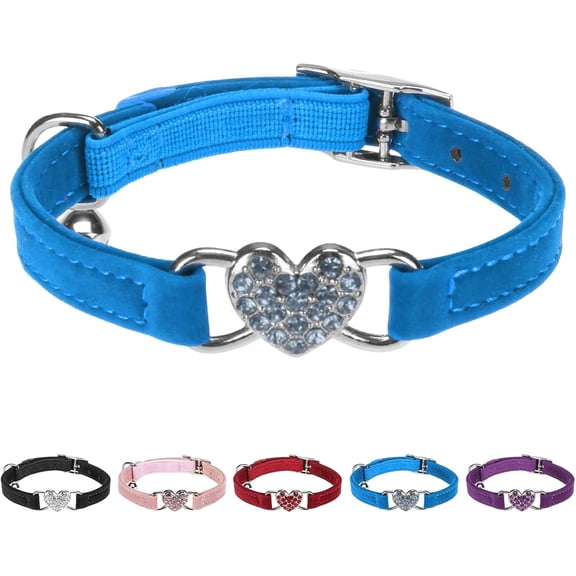 Diamond Cat Collar,Adjustable Soft Velvet Leather Safe Kitten Collar with Crystal Heart Charm and Bells,Girl Boy Bling Stylish Cat Collars with Safety Elastic