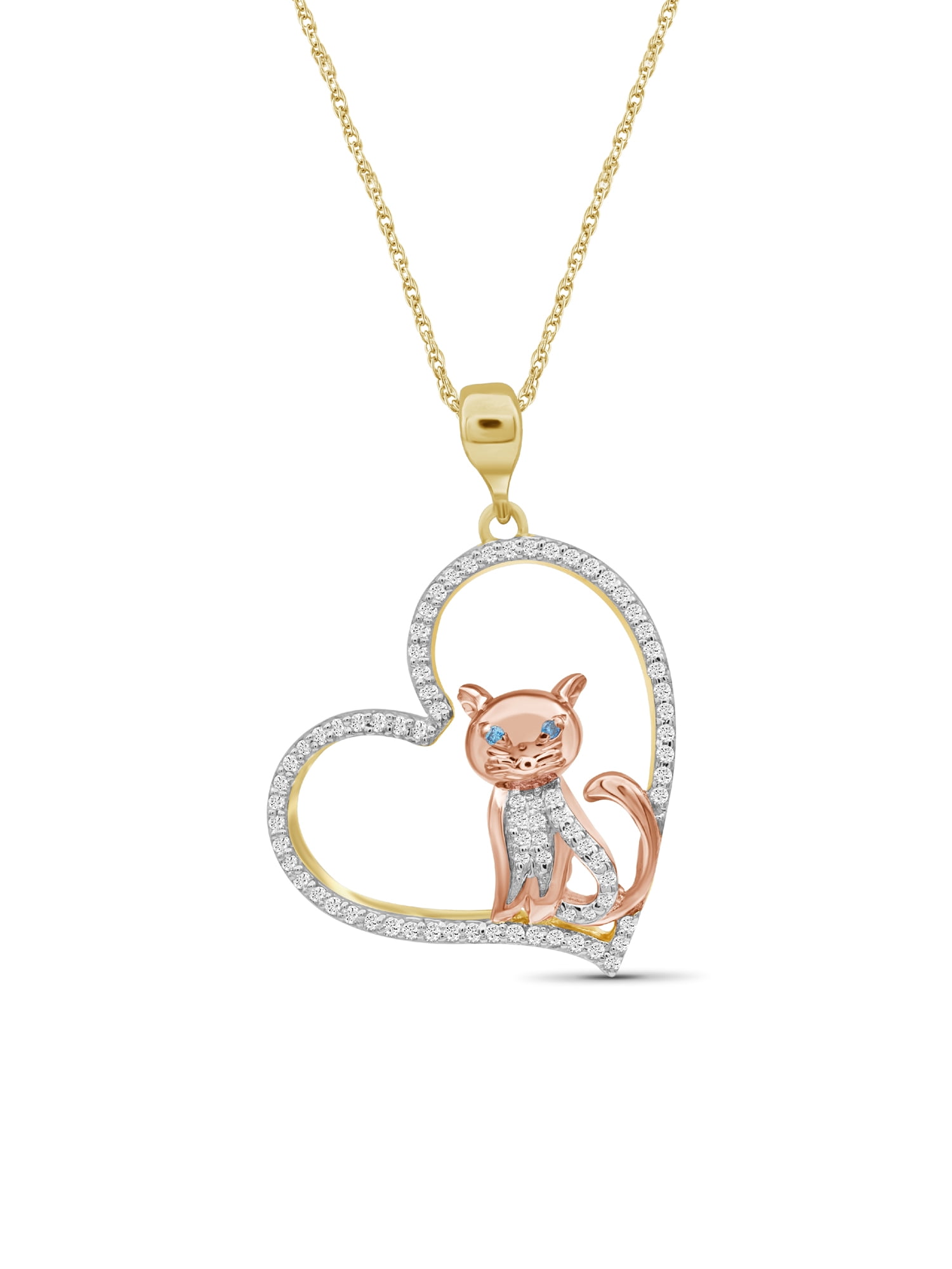 Diamond Cat Necklace Halloween Jewelry – Accent Blue & White Diamond Halloween Necklace – Two Tone Sterling Silver Rope Chain with Cat Pendant – Witchy Jewelry for Women by JewelersClub