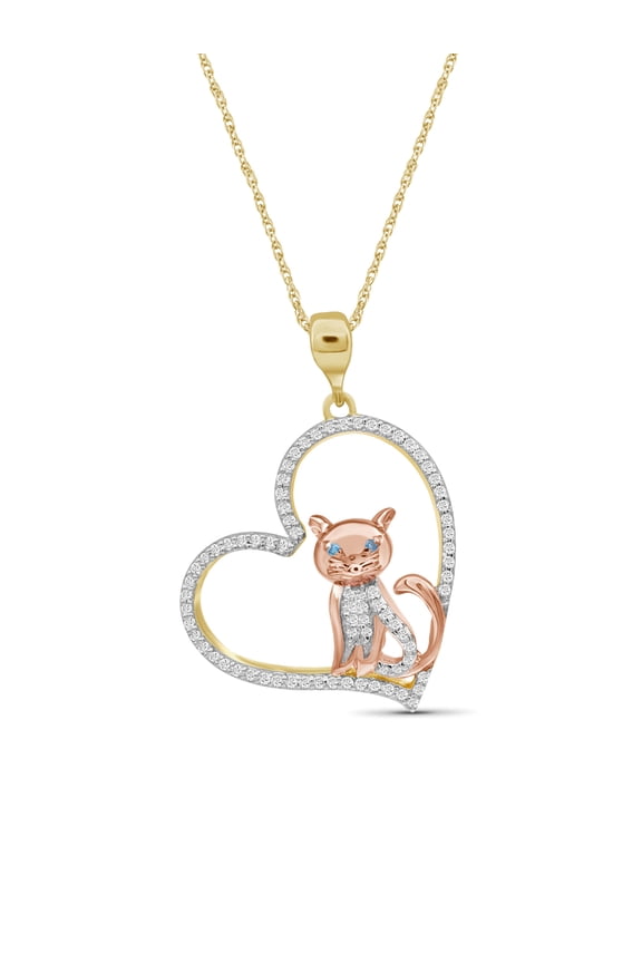 Diamond Cat Necklace Halloween Jewelry Accent Blue & White Diamond Halloween Necklace Two Tone Sterling Silver Rope Chain with Cat Pendant Witchy Jewelry for Women by JewelersClub