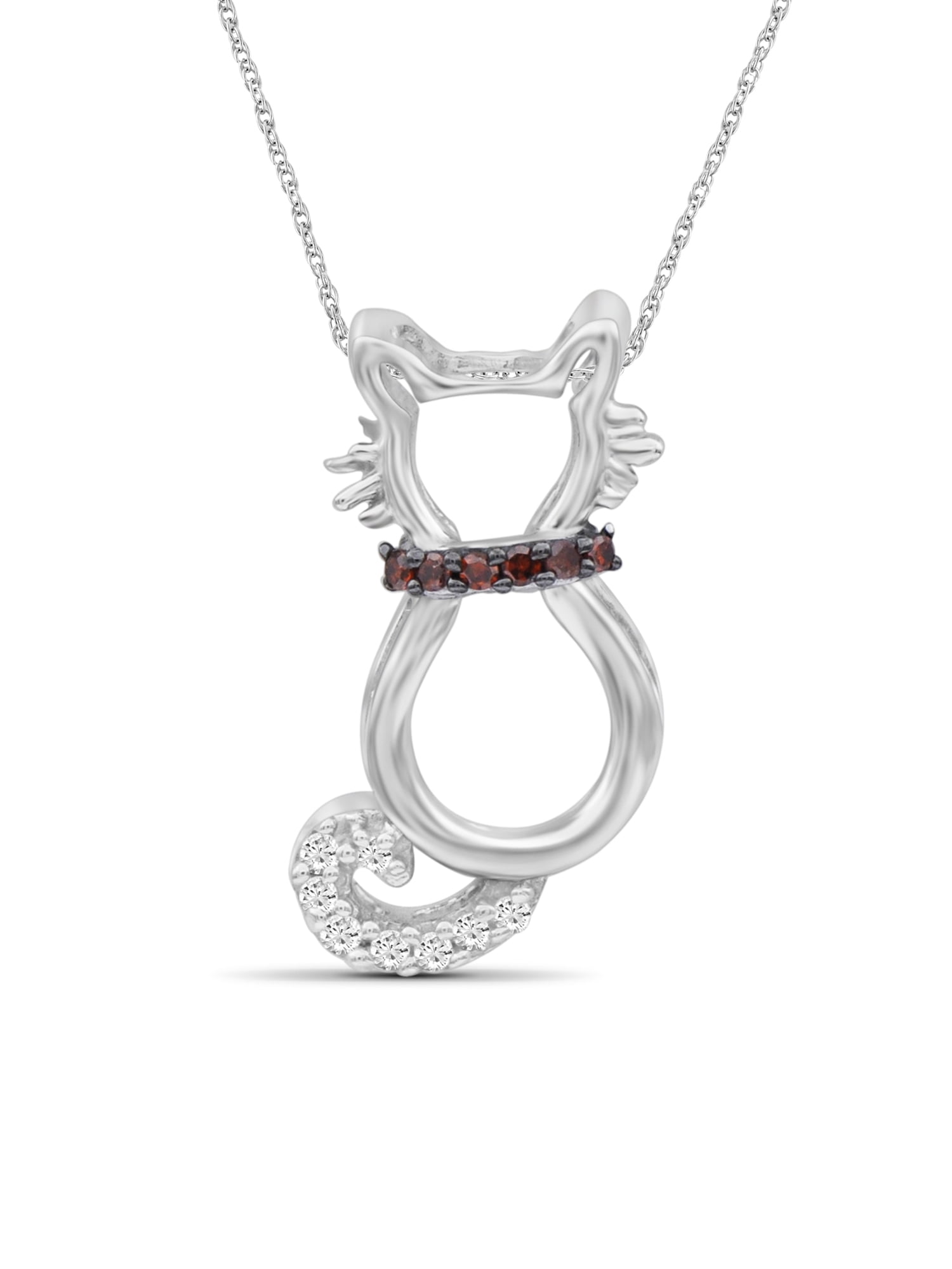 Diamond Cat Necklace Halloween Jewelry – Accent Red & White Diamond Halloween Necklace – Sterling Silver Rope Chain with Cat Pendant – Witchy Jewelry for Women by JewelersClub