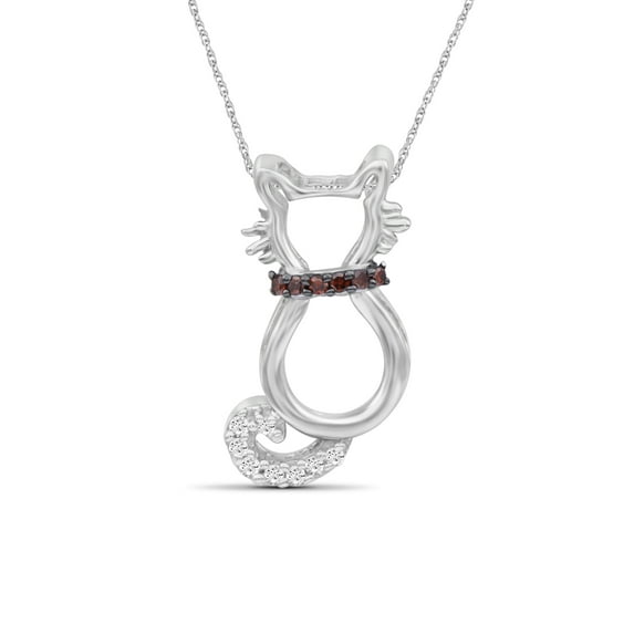 Diamond Cat Necklace Halloween Jewelry – Accent Red & White Diamond Halloween Necklace – Sterling Silver Rope Chain with Cat Pendant – Witchy Jewelry for Women by JewelersClub