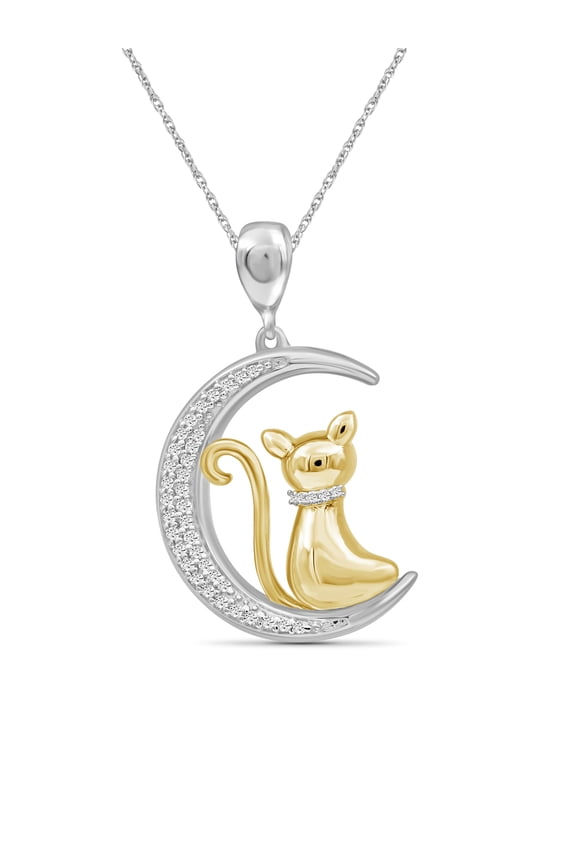 Diamond Cat Necklace Halloween Jewelry  Accent White Diamond Halloween Necklace  Two Tone Sterling Silver Rope Chain with Cat Pendant  Witchy Jewelry for Women by JewelersClub