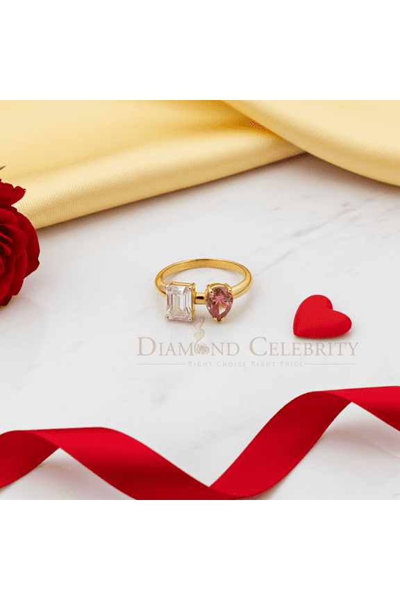 Diamond Celebrity's 2.00CT Women's Silver Yellow VVS D Pink Moissanite Toi et Moi Enagement Ring SZ7